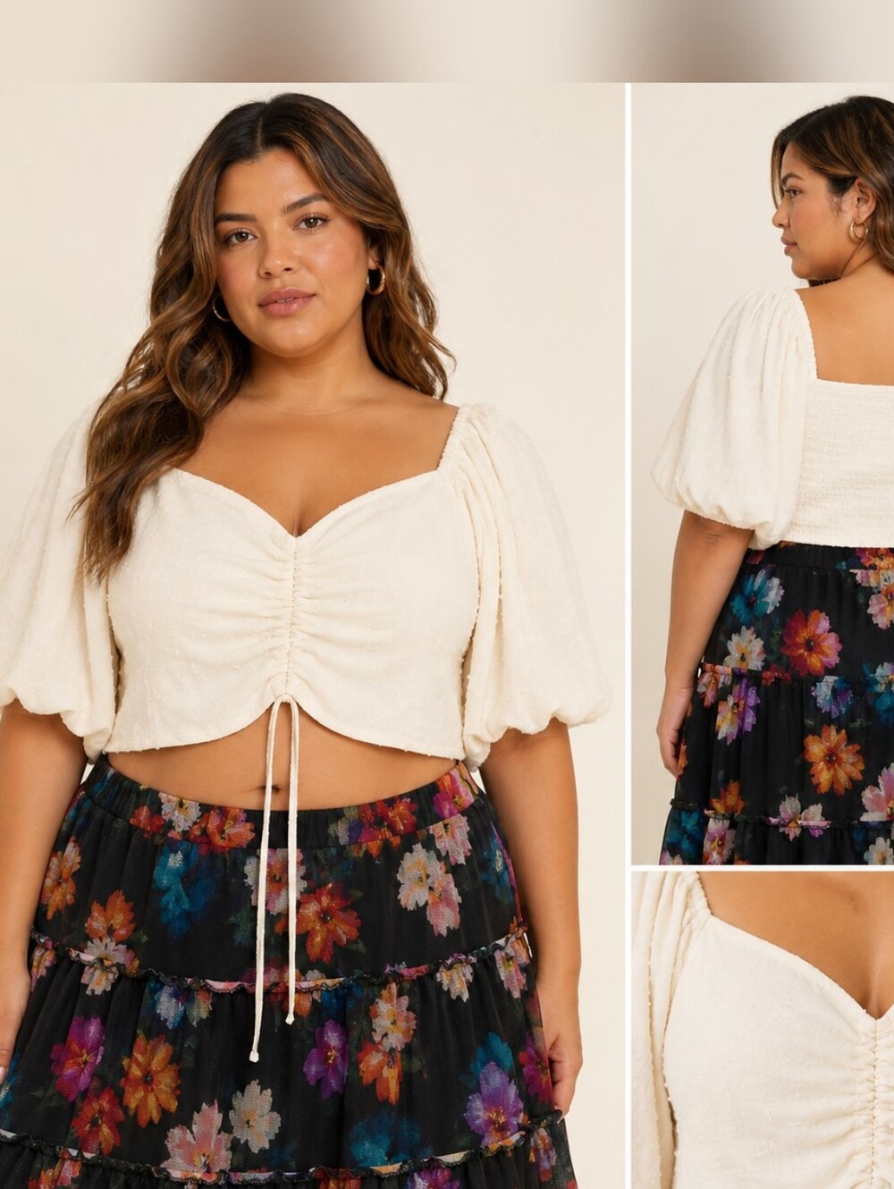Nwt Curvzy Cream Swiss Dot Ruched Puff Sleeve Crop Top Plus Size 2XL US 16